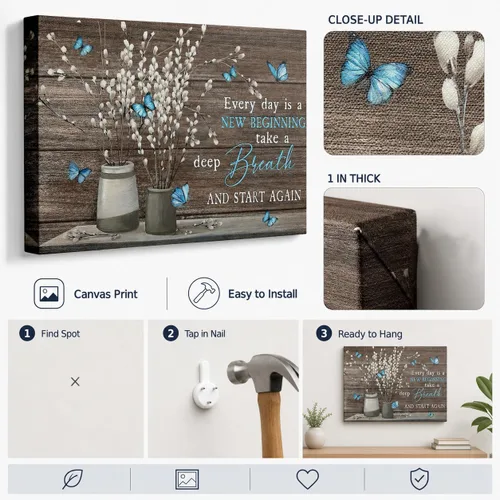 Miniatura 4 de Arte de pared de lienzo para baño estilo granja, vintage, rústico, país, flor, mariposa azul, pintura, imagen, decoración de pared, Cada día es un