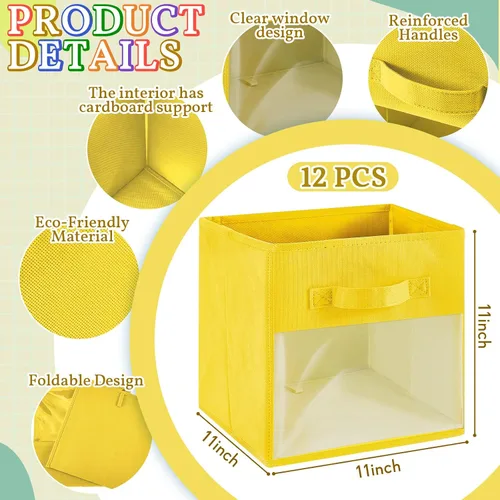 Miniatura 2 de Marsui 12 unidades de cubos transparentes de almacenamiento plegables negros para niños, organizador de aula de tela con ventana para sala