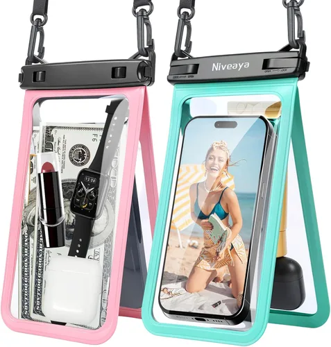 Miniatura 15 de Niveaya Bolsa impermeable para teléfono con doble espacio - 2 unidades, funda impermeable con cordón para iPhone 16/15/14/13/12 Pro Max hasta 8.3