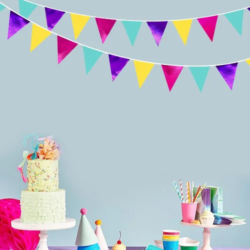 Miniatura 3 de Banderín colorido de 32 pies con diseño de triángulo de arco iris, rosa, morado, azul, amarillo, banderín de tela para gran apertura, fiestas