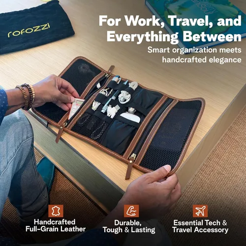 Miniatura 2 de rofozzi Bolsa de cuero Tech, soporte para pasaporte para viajes, organizador de cables, bolsillos de malla con cremallera para unidad USB, teléfono
