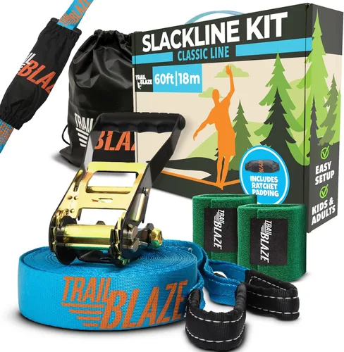 Kit Completo de Slackline Ninja – Línea de slackline de 60 pies de largo para patio trasero para niños y adultos con correas de trinquete,