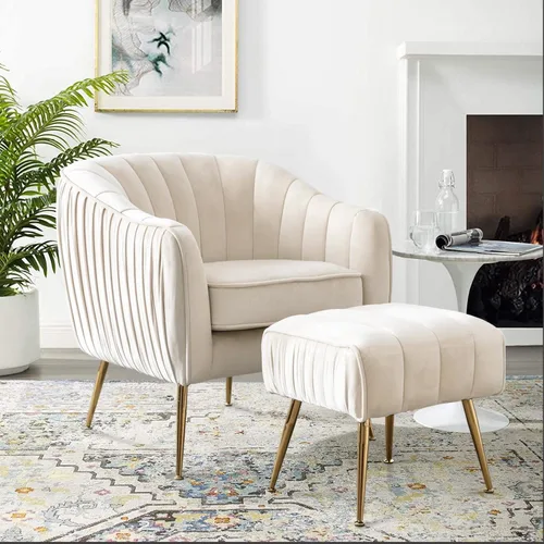 Miniatura 7 de Silla de Acento de Terciopelo, Silla Moderna de Barril, Sillas con Brazos para Sala de Estar y Dormitorio, Acabado Dorado, Beige