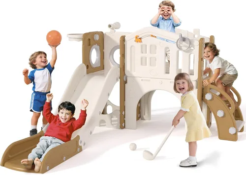 Miniatura 11 de KORIMEFA Juego de toboganes 10 en 1 para niños pequeños, tobogán para bebés de 1 a 3 años con lanzamiento de anillos y aro de baloncesto, juego