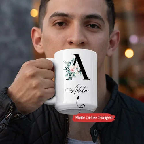 Miniatura 2 de Tazas de café blancas personalizadas con nombre, taza con nombre personalizado con inicial, taza de cerámica floral personalizada, regalo