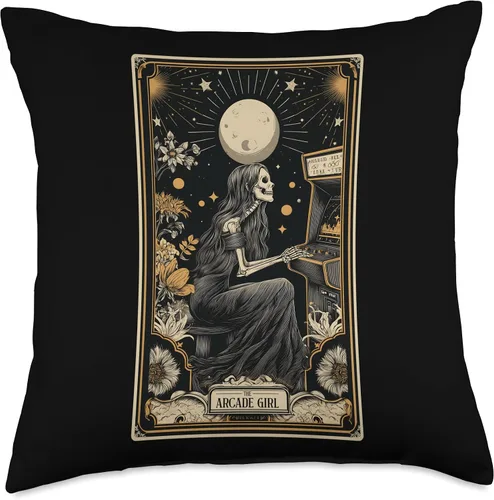 Miniatura 4 de The Arcade Girl Retro Arcade Gaming 80s Tarot Card Skeleton Throw Pillow