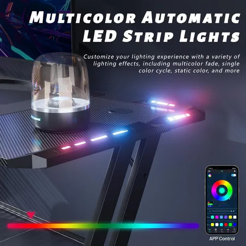 Miniatura 4 de HLDIRECT Escritorio para juegos de 47 pulgadas con luces LED, mesa grande de escritorio RGB para computadora con soporte para tazas, gancho