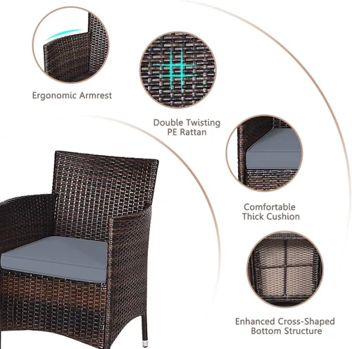 Miniatura 4 de RELAX4LIFE Juego de 3 muebles de patio con cojines extraíbles, juego de conversación de ratán al aire libre con mesa de centro cuadrada, juego de 3