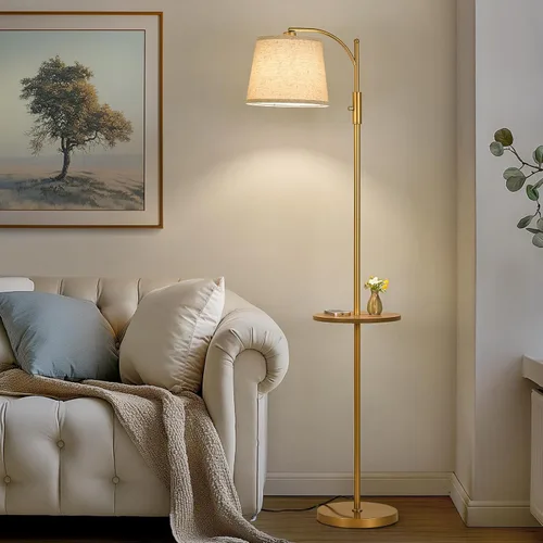 Miniatura 8 de AIDENOEY Lámpara de pie totalmente regulable para sala de estar, lámpara de pie con interruptor giratorio con mesa y pantalla beige de lino, Dorado-1