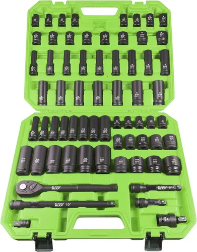 SUNHZMCKP Juego de llaves de impacto de 1/2 pulgada, 66 piezas SAE estándar (3/8"-1-1/4") y métricas (8-24mm), kit de dados poco profundos/profundos