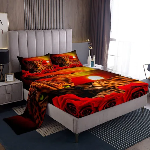 Miniatura 41 de Erosebridal Sábanas de cama de guepardo con rosa roja, juego de sábanas de bolsillo profundo con estampado de leopardo y gato, sábana bajera