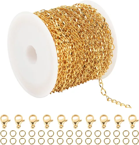 Miniatura 8 de UMAOKANG Cadenas chapadas en oro de 33 pies para fabricación de joyas, carrete de eslabones de cadena de cable plano para manualidades, aretes