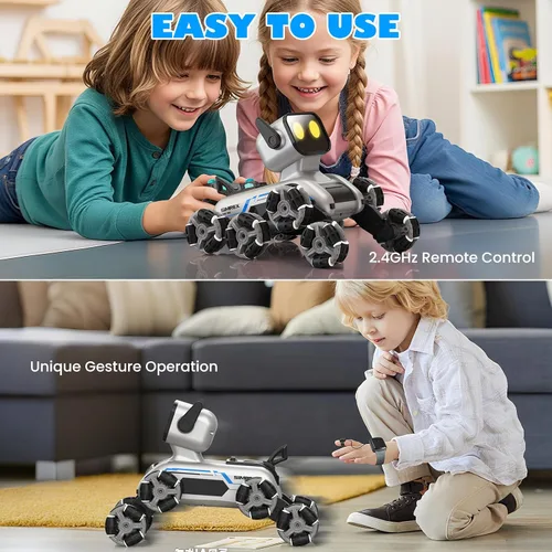 Miniatura 5 de SIMREX Robot Perro RC Coche de Acrobacias Juguetes - Coche de control remoto con detección de gestos con ruedas Mecanum, ojos LED, 3 efectos