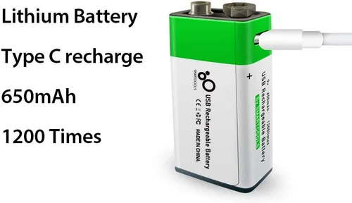 Miniatura 4 de Batería recargable USB de iones de litio de 9 V, batería recargable de 9 V de alta capacidad de 650 mAh, carga rápida de 1.5 H, 1200 ciclos