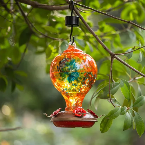 Miniatura 2 de Comederos para colibríes para exteriores colgantes, comedero para colibríes de vidrio soplado a mano de 32 oz para exteriores, 4 perchas con foso