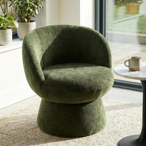 Miniatura 9 de Silla giratoria de 360° con respaldo curvo, moderna silla redonda tapizada de felpilla blanca, sillón tipo cubo para espacio pequeño, sala de estar
