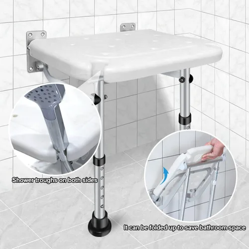 Miniatura 4 de Asiento de ducha plegable, altura ajustable, taburete de seguridad de baño montado en la pared con patas de apoyo antideslizantes y ranura