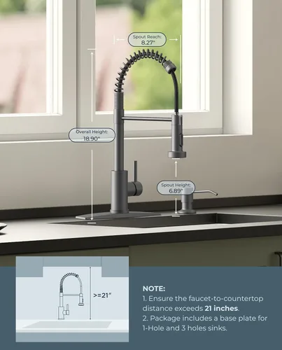 Miniatura 5 de FORIOUS Grifo de cocina con rociador extraíble, grifo de fregadero clásico de resorte extraíble de acero inoxidable comercial de una sola manija Gris