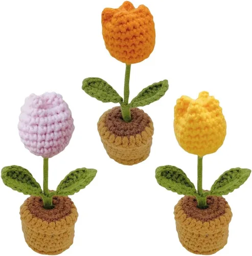 Miniatura 9 de JOONOR 3 piezas de mini tulipanes de ganchillo en maceta, flor de soplo de rosa falsa de punto para baño, hogar, cocina, mesa rústica, centro