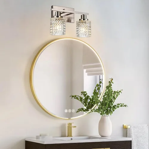 Miniatura 7 de MELUCEE Aplique de pared de 2 luces con pantalla de vidrio martillado, luces de baño de níquel cepillado sobre el espejo, accesorios de iluminación