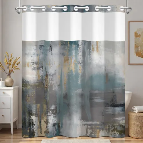 Miniatura 19 de No Hook Geometric Shower Curtain with Snap in Liner - 71″W x 74″L Waterproof Fabric with Mesh Top Window, Modern Abstract Triangle Design Bath