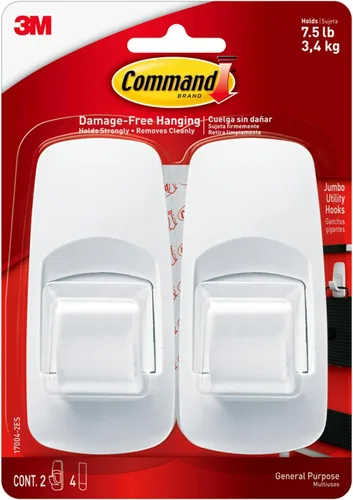 Command Gancho utilitario jumbo de 7.5 libras, 2 ganchos y 4 tiras, ganchos de pared colgantes sin daños con tiras adhesivas, ganchos adhesivos sin