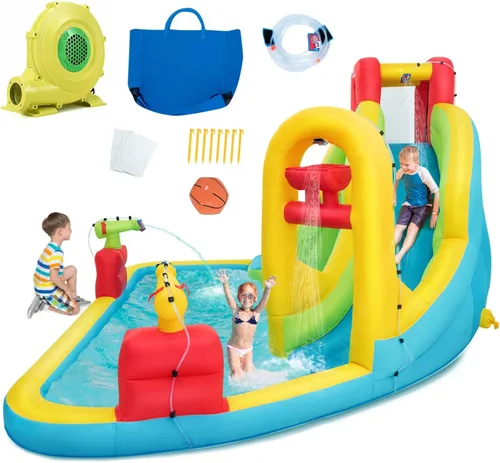 Miniatura 5 de BOUNTECH - Juego inflable 7 en 1, con tobogán acuático, pared de escalada, cañones de agua, aro de baloncesto, alberca poco profunda, incluye bolsa