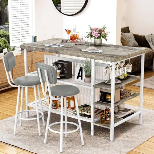 Miniatura 9 de DKLGG Juego de mesa de comedor de 3 piezas para 2, isla de cocina con asientos y almacenamiento, juego de mesa de bar industrial y sillas, juego