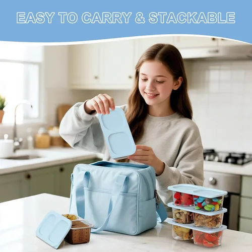 Miniatura 4 de Paquete de 10 recipientes reutilizables para aperitivos con tapas, 2 compartimentos, caja pequeña de aperitivos Bento, sin BPA, accesorios