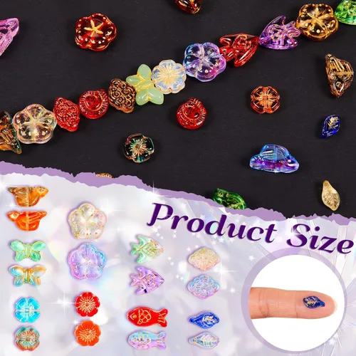 Miniatura 4 de Hicarer 100 cuentas de vidrio surtidas para la fabricación de joyas, colores de lámpara, hongo, pájaro, flor, cuentas sueltas para manualidades