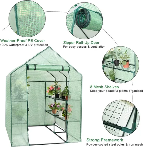 Miniatura 6 de Happygrill Invernadero para caminar, invernadero potable con puerta enrollable con cremallera, cubierta de polietileno y 3 niveles, 12 estantes