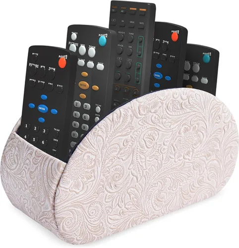 Miniatura 25 de QIELIZI Soporte para control remoto, organizador de escritorio de piel sintética con 5 compartimentos espaciosos para controles remotos de TV