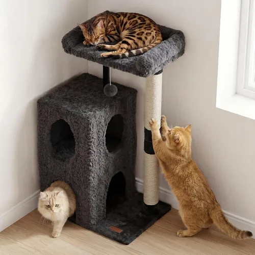 Miniatura 8 de FUKUMARU Árbol para gatos, torre de lujo para gatos de 36.2 pulgadas con dos cuevas, condominio para gatos de varios niveles con poste rascador