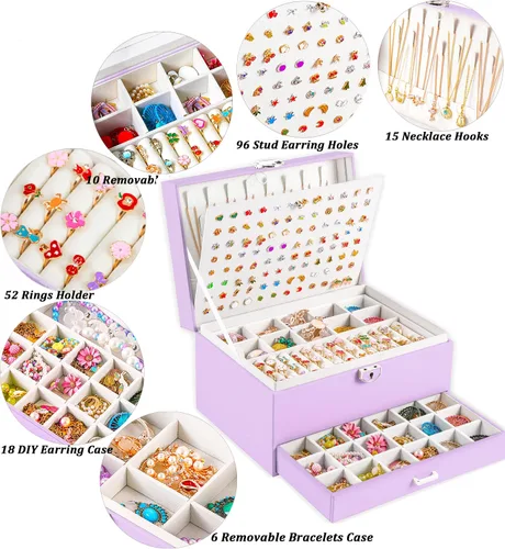 Miniatura 171 de Joyero de pendientes para mujeres y niñas, organizador de aretes de 5 capas, caja organizadora de joyas blanca con candado, collares y aretes