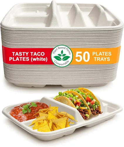 Miniatura 7 de Platos desechables para tacos para 2 tacos y 2 guarniciones – PACK de 50 Platos de papel premium con divisores, soporte para tacos de fiesta