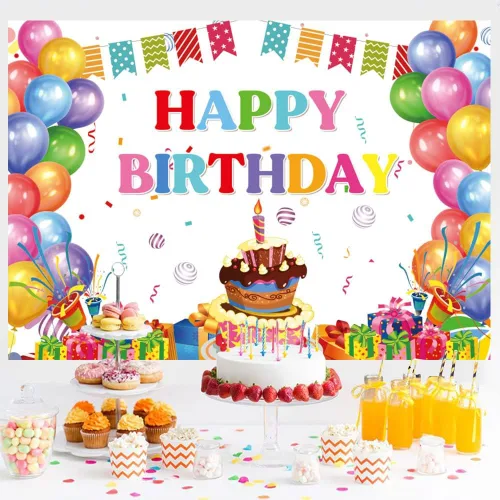 Miniatura 7 de Cartel de feliz cumpleaños, telón de fondo de globos coloridos para fiestas de niños, pasteles de colores grandes, fotografía, telón de fondo