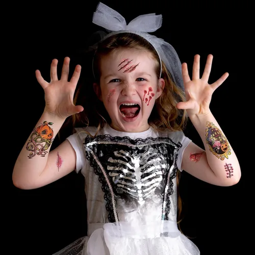 Miniatura 8 de 50 piezas de tatuajes faciales de broma de Halloween para adultos, mujeres y hombres, 10 calcomanías de terror para Halloween, 40 piezas de tatuajes