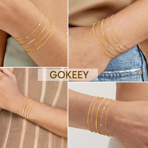 Miniatura 4 de Delicadas pulseras de oro para mujer, joyería de cadena de oro real de 14 quilates para mujer, impermeables, apilables, delgadas, con clip de papel