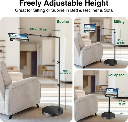 Miniatura 4 de elitehood Soporte de suelo para iPad de diseño diagonal con base resistente, soporte horizontal de 24 pulgadas de brazo largo para cama reclinable