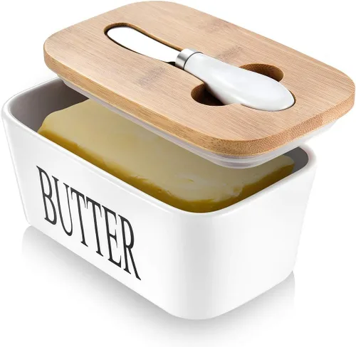 Mantequillera con tapa: plato grande para mantequilla para encimera, recipiente de cerámica para mantequilla con cuchillo y alta calidad - Caja de