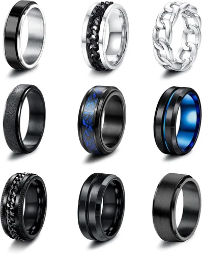 JeryWe Juego de 9 anillos de acero inoxidable para hombre, anillos de cadena trenzados, abridor de cerveza, giratorios, vintage, para hombre, negro,