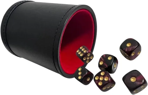 Miniatura 10 de Juego de tazas de dados de piel sintética y forro de fieltro, agitación silenciosa para juegos de dados Yahtzee Farkle Liars, incluye seis dados