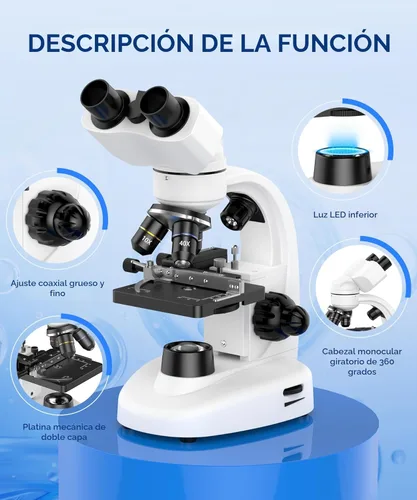 Miniatura 7 de Microscopio binocular compuesto para adultos, profesionales y niños, aumento de 40X-2000X con iluminación LED, platina mecánica, oculares WF2x