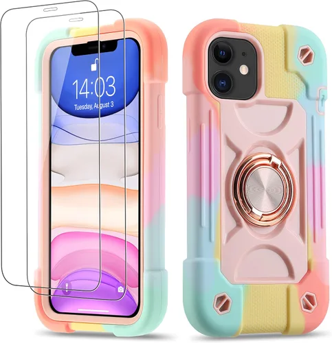Miniatura 100 de Funda para iPhone 11 de 6.1 pulgadas con soporte de anillo, con 2 protectores de pantalla de vidrio, resistente a los golpes, resistente a