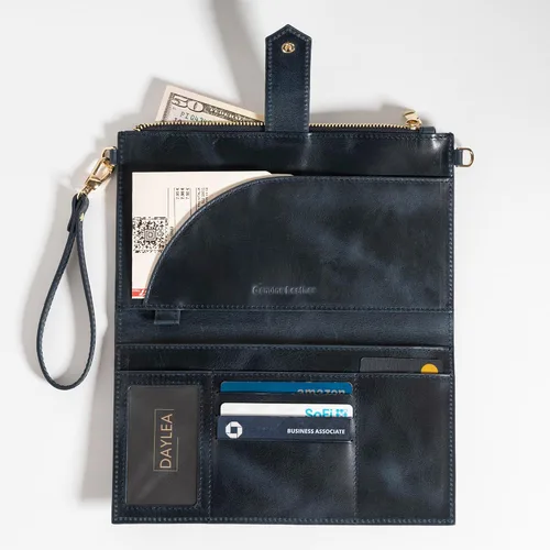 Miniatura 5 de Cartera de cuero genuino para mujer con protección RFID, cartera plegable para teléfono celular, con cremallera, diseño delgado, con múltiples