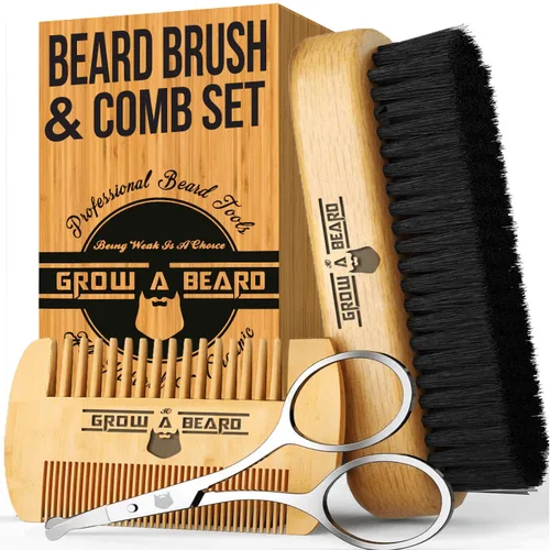 Cepillo para barba para hombres, peine para barba y bigote con tijeras, kit de aseo para barba, cepillo de cerdas de jabalí 100% naturales, peine de