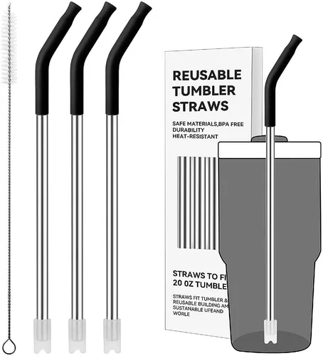 Miniatura 42 de Pajitas de metal rectas para vaso Stanley de 40 onzas, paquete de 3 popotes reutilizables de acero inoxidable con puntas de silicona y cepillo Gris