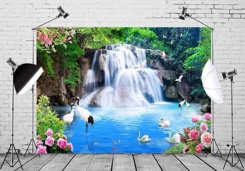 Miniatura 2 de BELECO Telón de fondo de tela de 5 x 3 pies para fotografía, bosque de montaña, paisaje de grandes cataratas, grúa de agua azul, flores