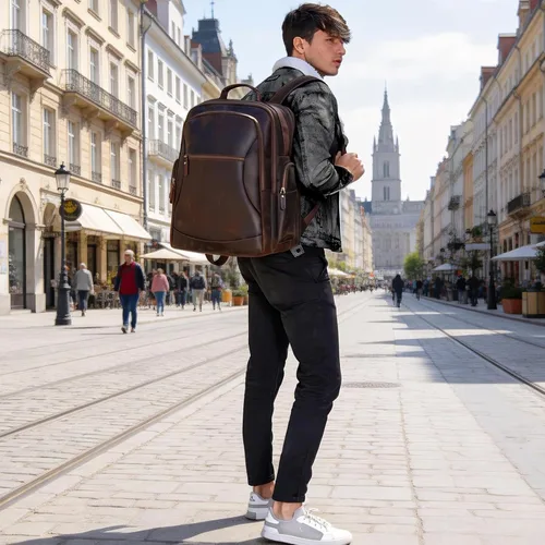 Miniatura 2 de TIDING Mochila para portátil de cuero de grano completo de 17.3 pulgadas para hombre, mochila de viaje de gran capacidad, para viajes, fin de Marrón