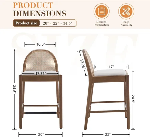 Miniatura 2 de DUOMAY Juego de 2 taburetes de mostrador modernos de ratán beige, 26 pulgadas de altura - Taburetes de bar de madera tapizados en lino con respaldo